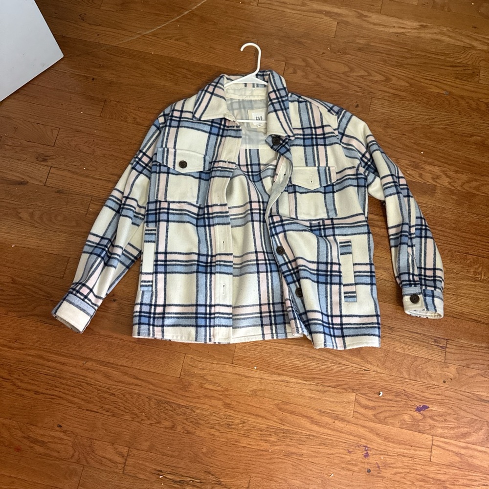 GAP Cream and Blue Plaid Pea Coat